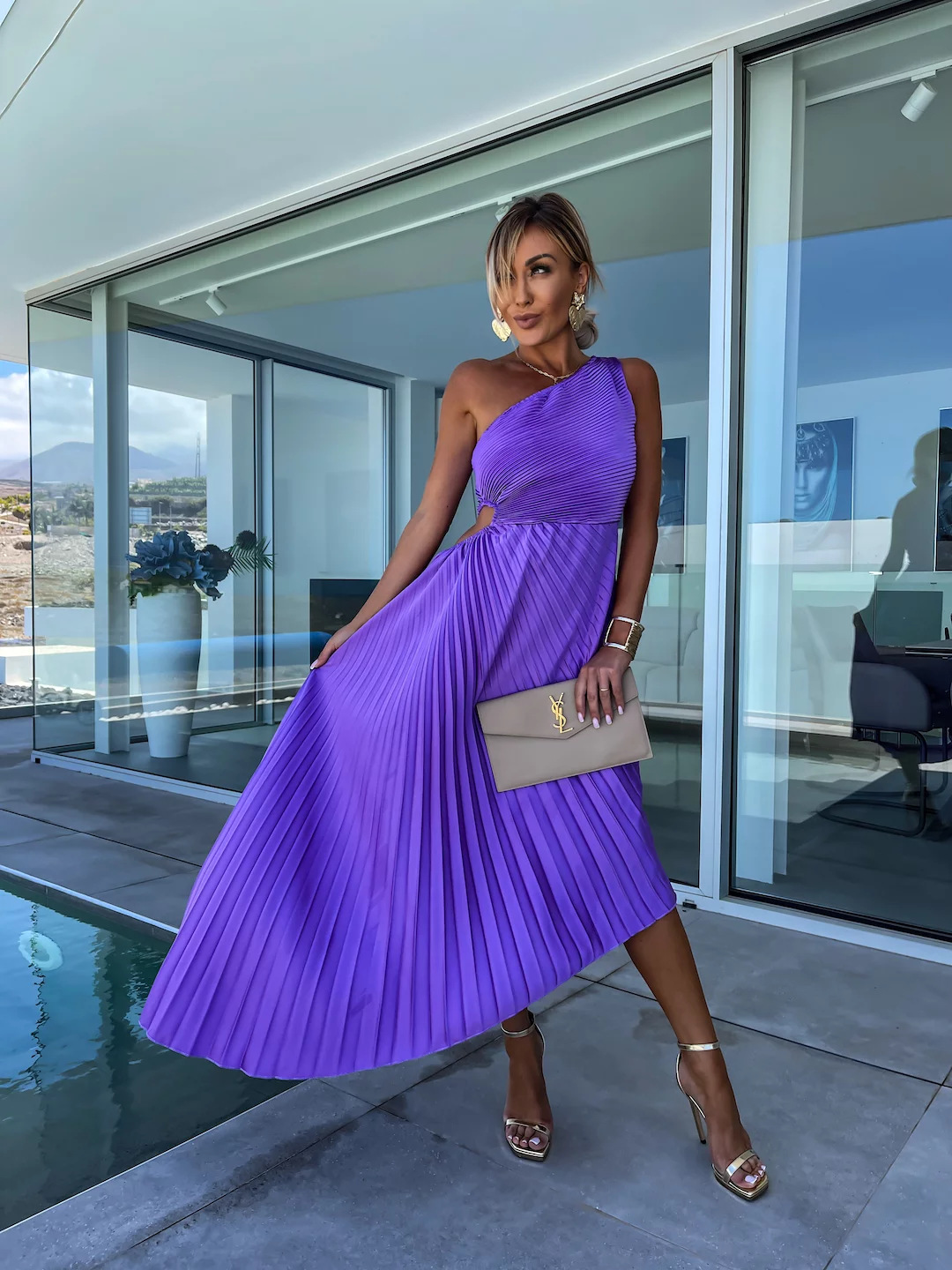 ELLA | Ein-Schulter-Plissee-Midikleid