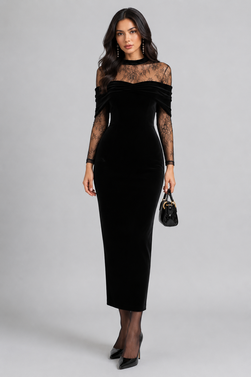 ELSKE | Midikleid mit transparenten Spitzenärmeln