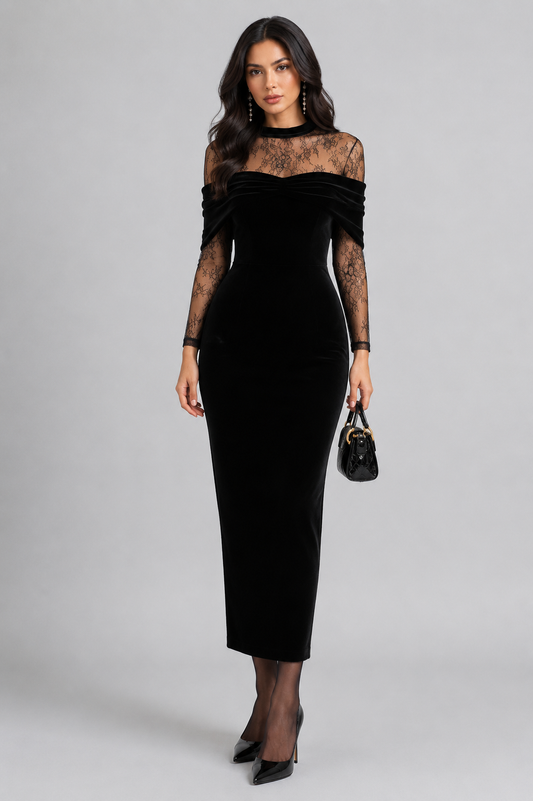 ELSKE | Midikleid mit transparenten Spitzenärmeln