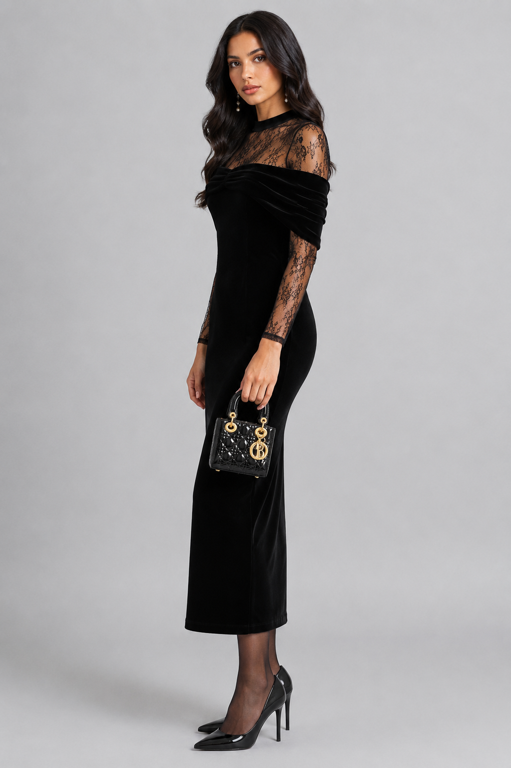 ELSKE | Midikleid mit transparenten Spitzenärmeln
