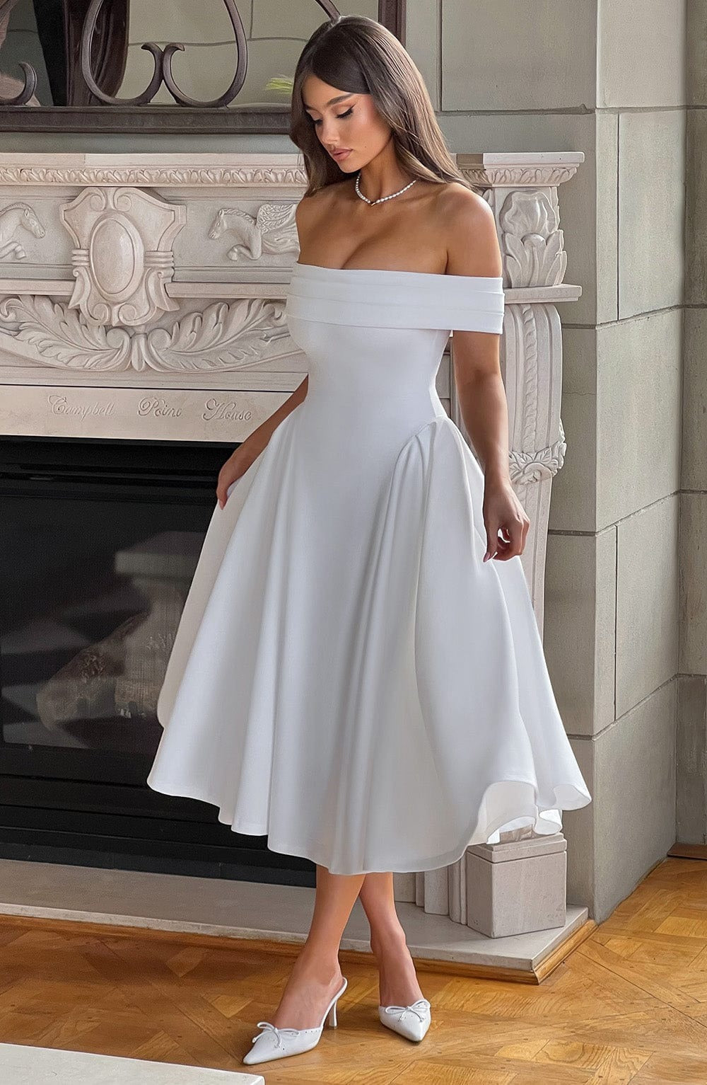 ELENA | Stilvolles schulterfreies Midi-Kleid
