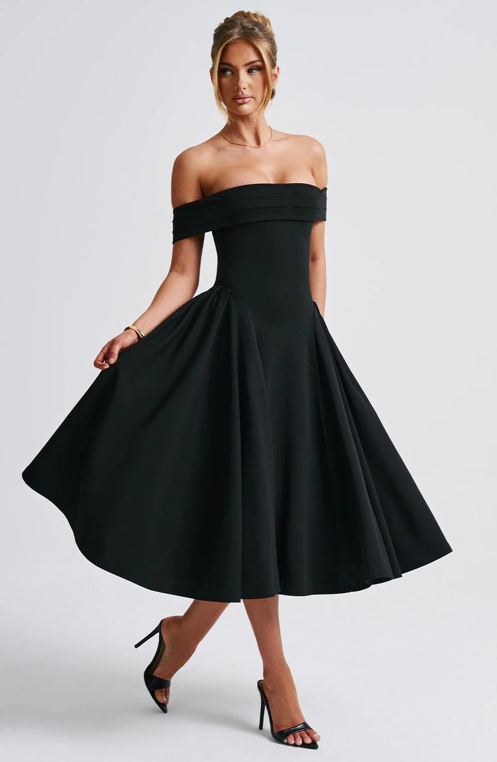 ELENA | Stilvolles schulterfreies Midi-Kleid