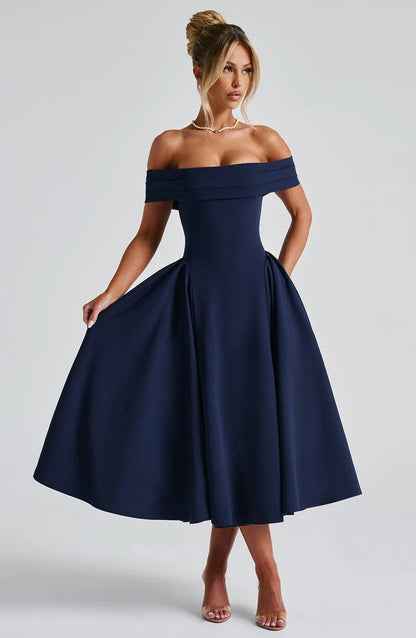 ELENA | Stilvolles schulterfreies Midi-Kleid