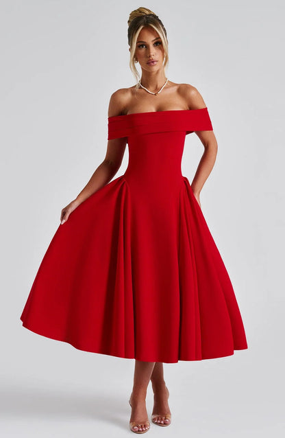 ELENA | Stilvolles schulterfreies Midi-Kleid