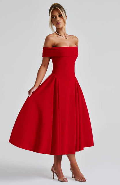 ELENA | Stilvolles schulterfreies Midi-Kleid