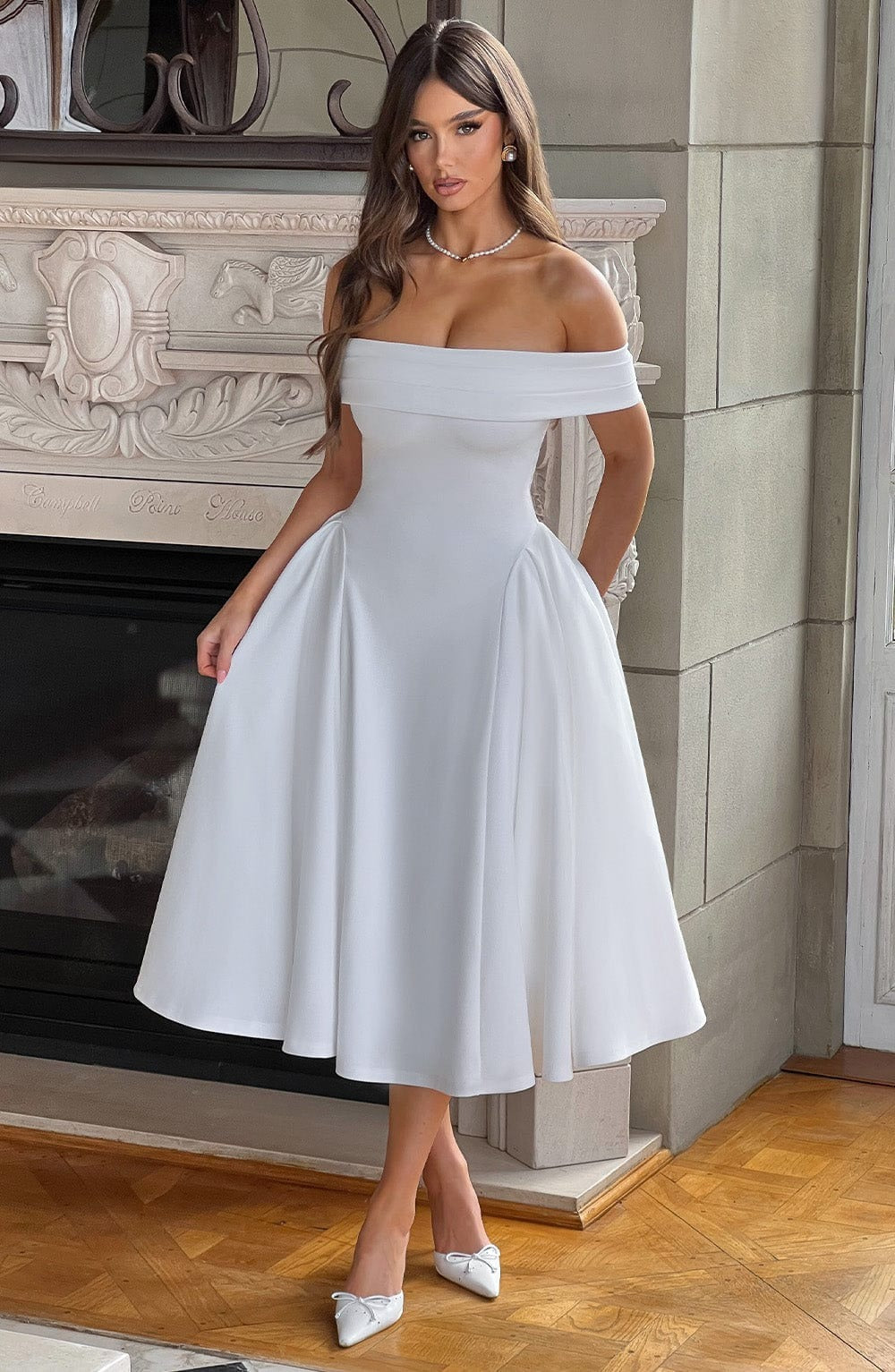 ELENA | Stilvolles schulterfreies Midi-Kleid