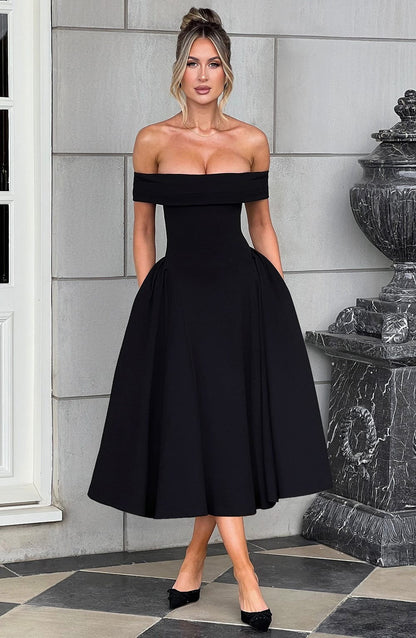 ELENA | Stilvolles schulterfreies Midi-Kleid