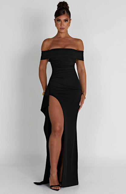 KIM | Schulterfreies Satin-Maxikleid