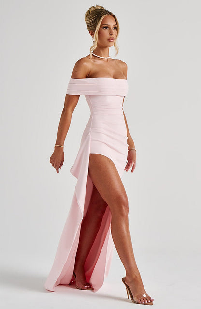 KIM | Schulterfreies Satin-Maxikleid