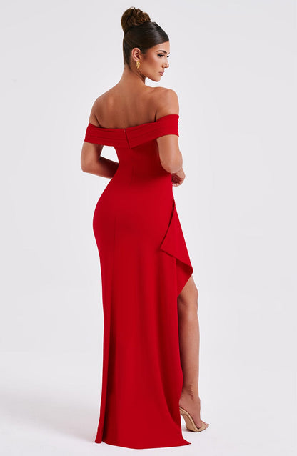 KIM | Schulterfreies Satin-Maxikleid